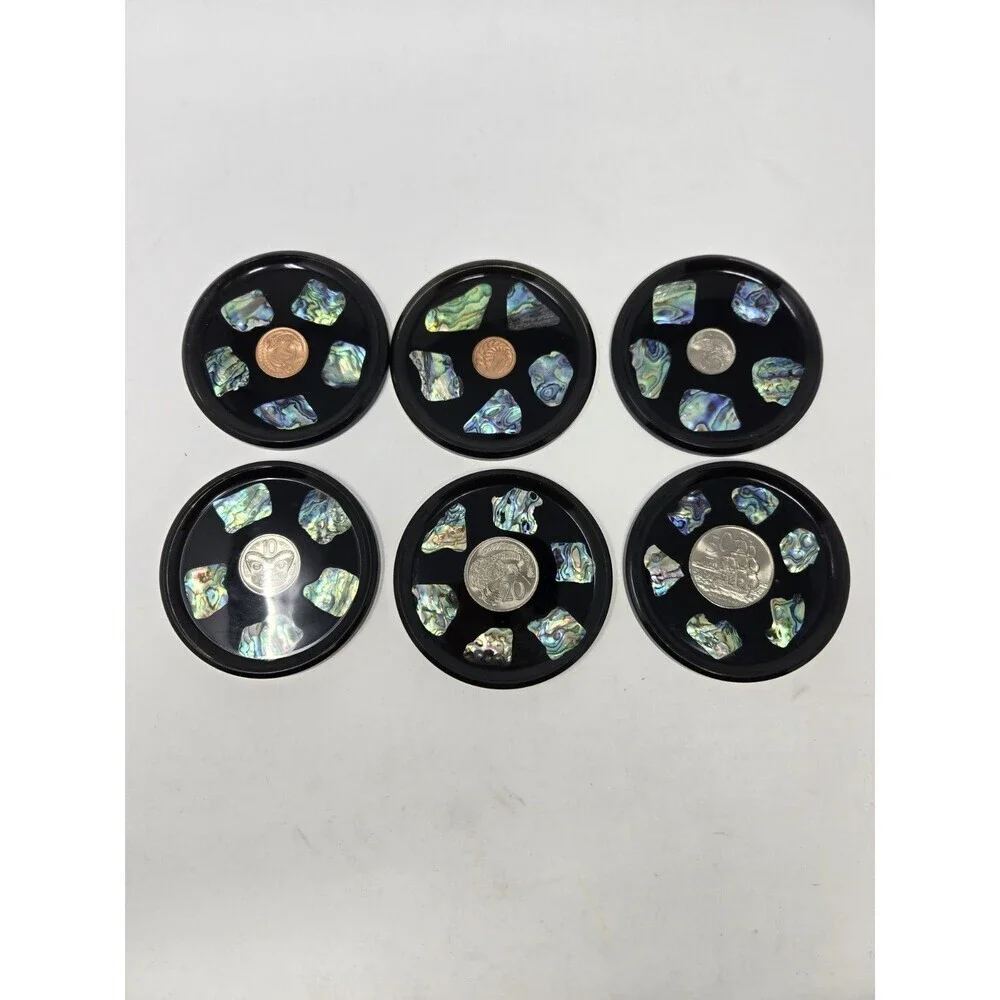 VINTAGE DRINK COASTER SET OF 6 NEW ZEALAND PAUA SHELL & COINS MONEY COLLECTIBLE